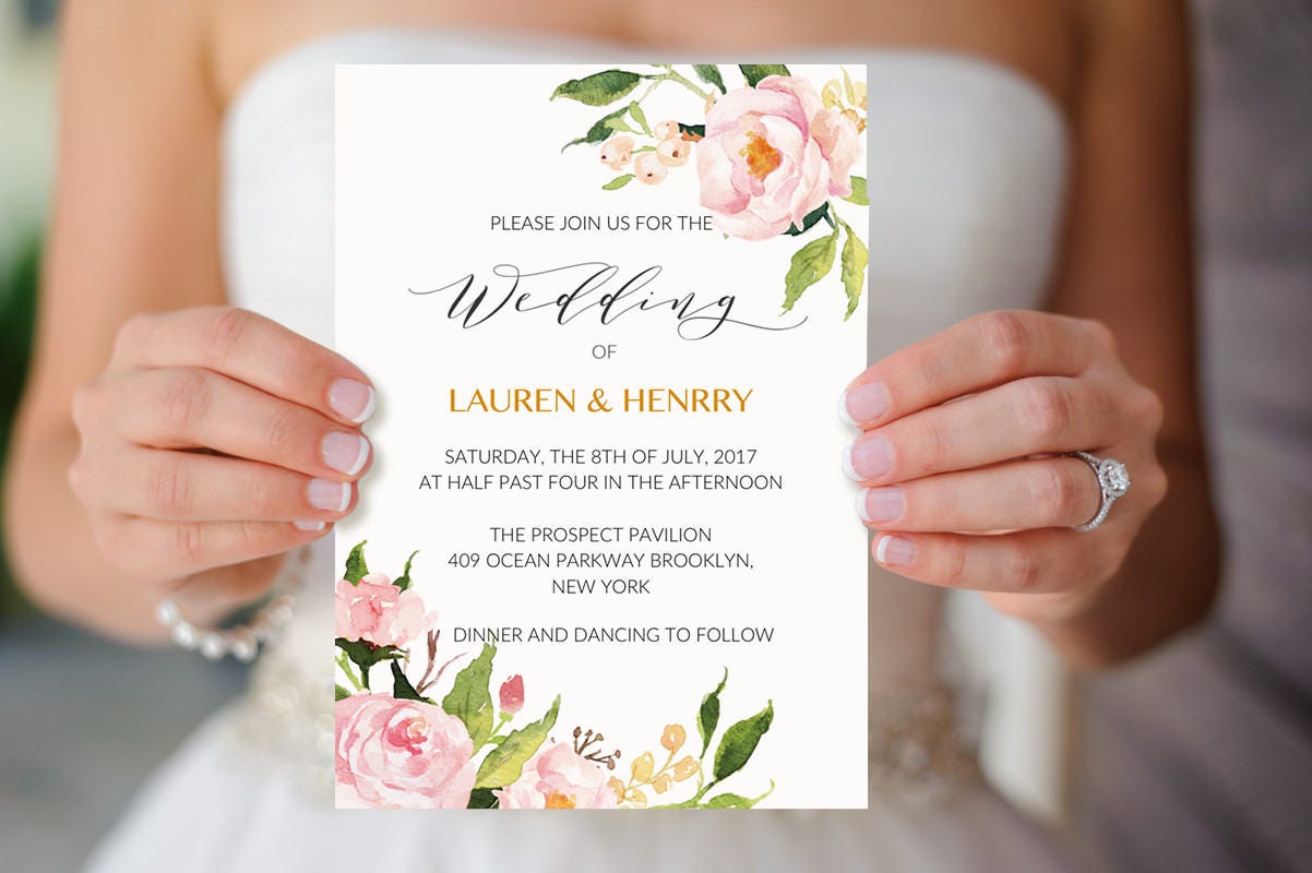 Peony Wedding Invitation Template Printable Pink Floral 8962