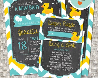 Rubber Duck Baby Shower Invitation, Rubber Duck Invitation, Rubber Duck, Yellow, Teal, Chevron | DIY