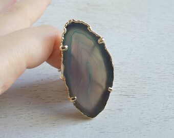 Teal Agate Ring, Slice Agate Ring, Boho Ring, Geode Ring, Statement Ring, Large Gemstone Ring, Crystal Ring, Gold Adjustable Ring, Gift 8-56