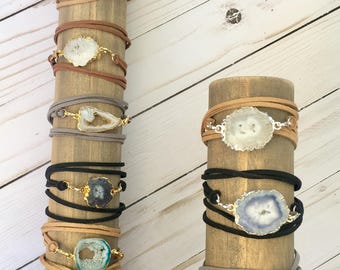 Druzy agate or solar quartz geode wrap bracelet AND necklace! Boho wrap bracelet . Druzy wrap bracelet. Suede wrap bracelet. Multi function!