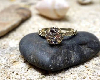 Halo Engagement Ring Wedding Ring Unique Engagement Ring Diamond Ring Morganite Engagement Ring Pave Diamonds Solid Gold Vintage Engagement