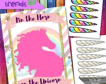 Pin the Horn on the Unicorn, Unicorn Party Game, Rainbow Unicorn Sign, Unicorn Birthday Party, Rainbow Party, 16x20 & 8x10, INSTANT DOWNLOAD
