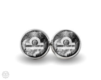 Libra Zodiac Stud Earrings | Libra Earrings Zodiac Earrings Constellation Earrings Black Space Galaxy Earrings Stars Astrology Night Sky