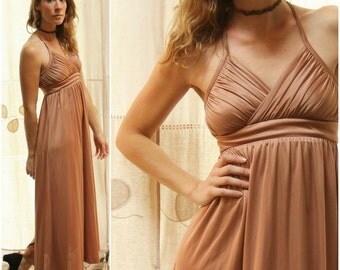 Vintage 1970s Champagne Gold, Bronze Sleeveless Strappy, Empire Waist Maxi Dress