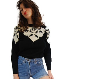 Black and White Sweater, Vintage Sweater, Retro, Women Clothing, 1980 vintage sweater Black vintage knitted sweater from 80s with boat neck