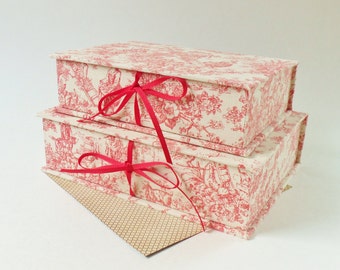 Vintage Look Handmade Storage Boxes - Two Toile and Linen Stacking 6 and 7 Inch Storage Boxes - Pretty for Jewelry, Trinkets, Hankies
