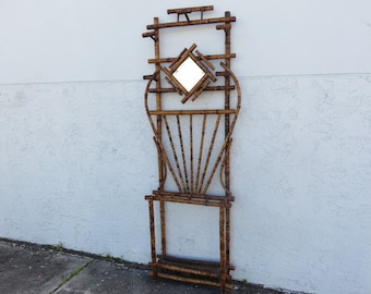 Victorian Bamboo Hall Tree With Beveled Mirror, Coat, Hat Rack, Umbrella And Cane Holder, Circa 1890-1910 Antique Bamboo Furniture.