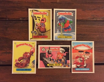 5 Vintage Garbage Pail Kids Cards/ 1986-1987 Sticker Cards/Snotty Dotty/Sidney Kidney/Gored Gordon/Battered Brad/Phil 'Er Up