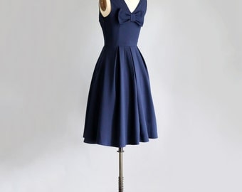 HAZEL | Navy blue midi bridesmaid dress with bow. vintage inspired v neck cocktail dress. modest midi skirt with full pleats.