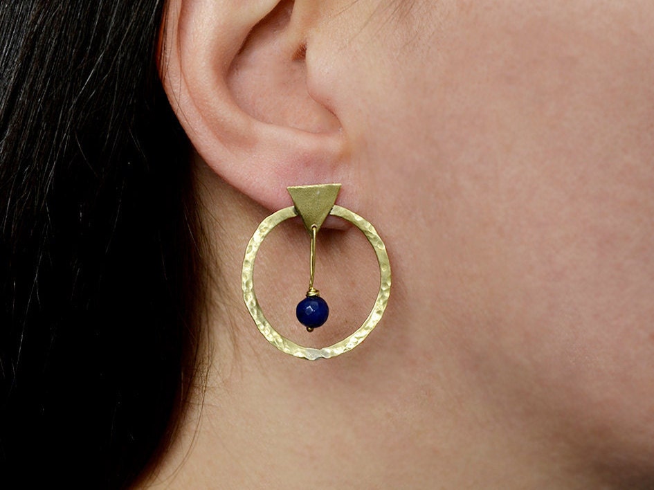 Blue jade studs brass circle earring blue stone earrings