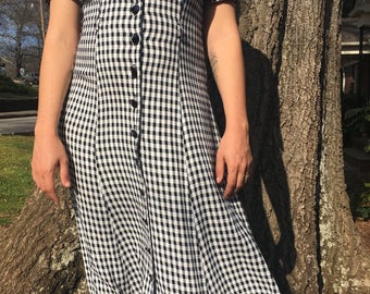 80s Black and White Check Dress // Vintage Check Print Dress // Size M