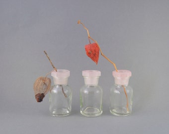 Tiny Apothecary Bottles, Vintage Laboratory Glass, Clear Glass Lab Bottles Set of 3, Small Bud Vases, Medical Vials, Laboratory Flacons