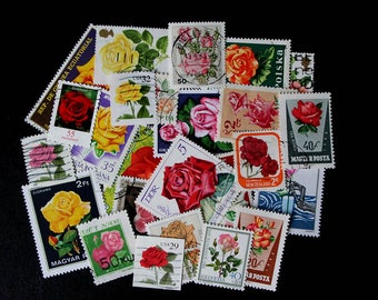 FREE SHIPPING ; 25 Different colorful vintage used worldwide postage stamps depicting ROSES for collecting, scrapbook pages, collages etc.