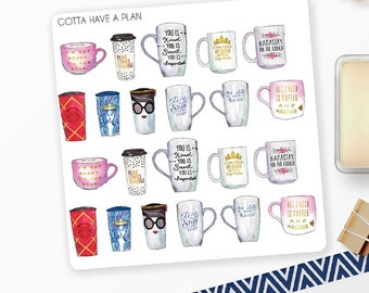 Planner Stickers Water Color Coffee Mugs for Erin Condren, Happy Planner, Filofax, Scrapbooking