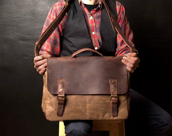 Mens Leather Briefcase, Waxed Canvas Courier Bag, Canvas Briefcase, Mens Courier Bag
