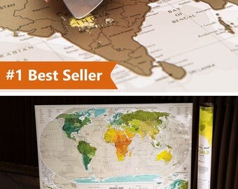 Push Pin Travel Map – Scratch Off World Map Wall Poster with Push Pins 34.6” x 23.6”