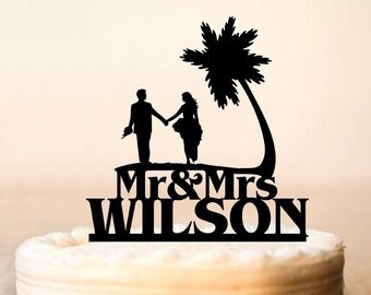 Mr & Mrs Wedding Cake Topper With Last Name,Beach Cake Topper, Palm Tree Topper,Custom Topper,Personalized Topper, Couple Cake Topper (0182)