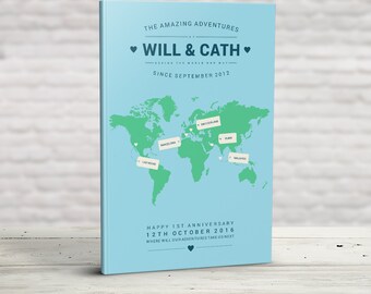 Travel Gift, Travel Notebook, Personalised Journal, Travelogue, Scrapbook, Gifts Him Her, Going Travelling, World Map, Anniversary Birthday