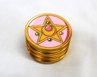 Metal Gold Toned Sailor Moon Brooch Herb Grinder 2.5" 4 Piece Weed Accessory