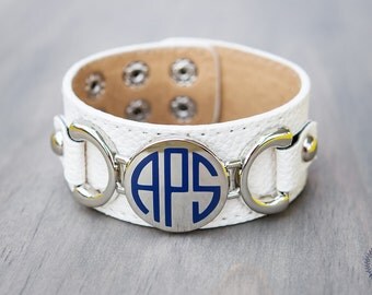 Monogrammed {WHITE} leather bracelet, monogram bracelet, personalized leather bracelet, ladies leather bracelet, initial bracelet