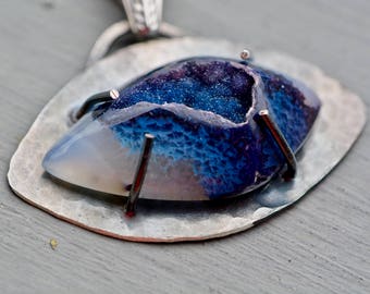 Silver Agate Druzy Necklace, Girlfriend Gift, Sterling Silver Necklace, Blue Purple Druzy Pendant, Statement Necklace, Hammered Silver Druzy