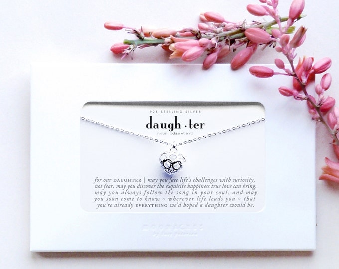 Daughter | Sterling Silver Filigree Heart Necklace | Quote Poem Inspirational Message Card | Graduation Going Away for College Birthday Gift