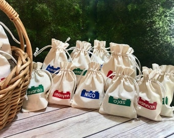 Personalized Lego Brick Goodie Bag - Perfect for Building Blocks - Lego Themed Party Favor Gifts - Party Supply Drawstring Bag Cotton Pouch.