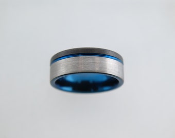 Brushed Black and Silver* Two-ToneTungsten Carbide Unisex Band with Blue Stripe & Inlay, Mens Ring, 8mm Tungsten Ring, Wedding, Womens Ring