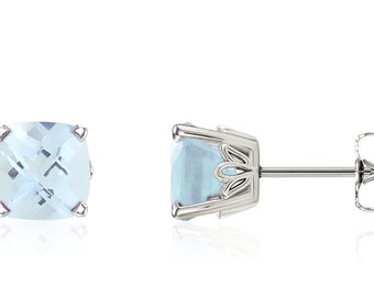 14K White Gold Cushion-Cut Genuine Blue Aquamarine Gemstone Stud Earrings - 1.5ct - 6x6mm - March Birthstone - Handmade Gift For Her