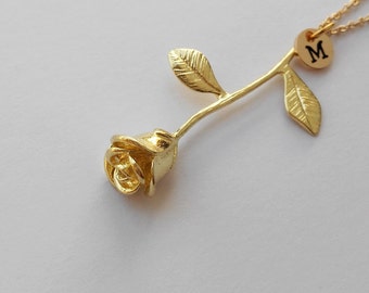 Rose Necklace, Personalized Initial,Rose charm, Birthday stone,Golden chain Necklace for BFF ,Valentine's Day gift, gift for her,Mom
