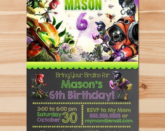 Plants Vs Zombies Garden Warfare Birthday Invite - Green Chalkboard - PVZ Invitation - PVZ Birthday Party - PVZ Party Printable Favors
