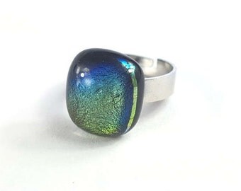 Blue and Green Glass Ring, Dichroic Fused Glass Ring, Stainless Steel Adjustable Ring, Handmade Glass Statement Ring, Gift Idea for Her