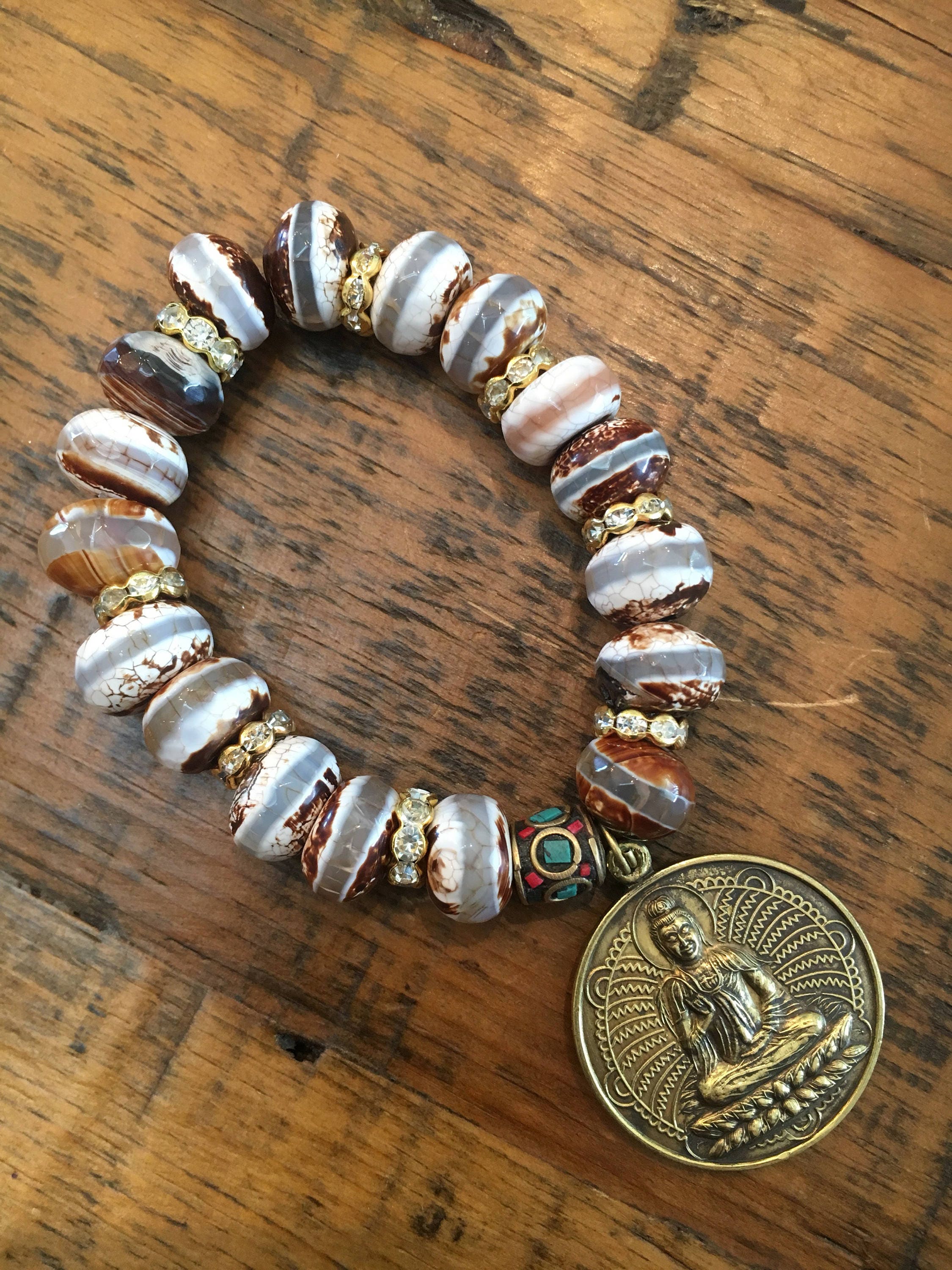 Handmade Buddha Charm Gemstone Bracelet with Faceted DZI Agate