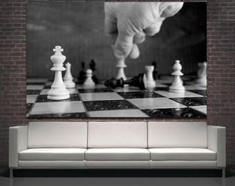 Large black and white chess board wall art, Black King chess gift wall art home decor, Chess board game room decor canvas print photography