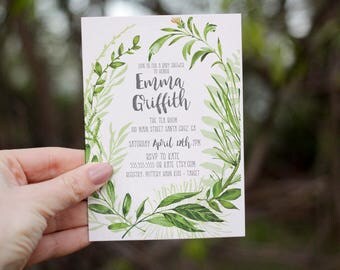 Printed baby shower invitation, Greenery Baby Shower Invite, garden baby shower, Boho Foliage invitation, Printed or Digital Option
