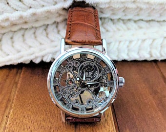 Personalized watch for men, engraved wristwatch, skeleton watch, automatic watch, groomsmen watches, man leather wrist watch, boyfriend gift