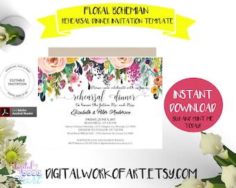 Rehearsal Dinner Invitation Template, DIY Floral Bohemian Rehearsal Dinner Printable, Rehearsal Invite, Editable PDF instant download,boho