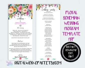 Wedding Program Template, DIY Floral Bohemian Wedding Program Template, Editable PDF instant download, boho, roses, wedding ceremony program