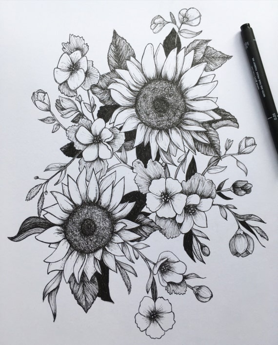 Pen and Ink Flowers A4 Art Print