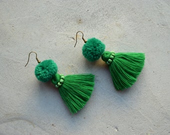 All Green Pom Pom Tassel Earrings