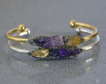 Raw Amethyst Jewelry - Raw Citrine Jewelry - Boho Bracelet - November Birthstone Jewelry - February Birthstone Jewelry - Raw Crystal Jewelry