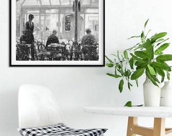 Paris cafe drawing, Paris sreet scene, Parisian decor, Paris illustration, French style print, Paris Fine art print, Parisian drawing