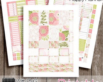 30%OFF - Lovely Pink and Green, Classic Happy Planner, Classic HP Printable, Classic HP Stickers, Watercolor Stickers, Spring Printable