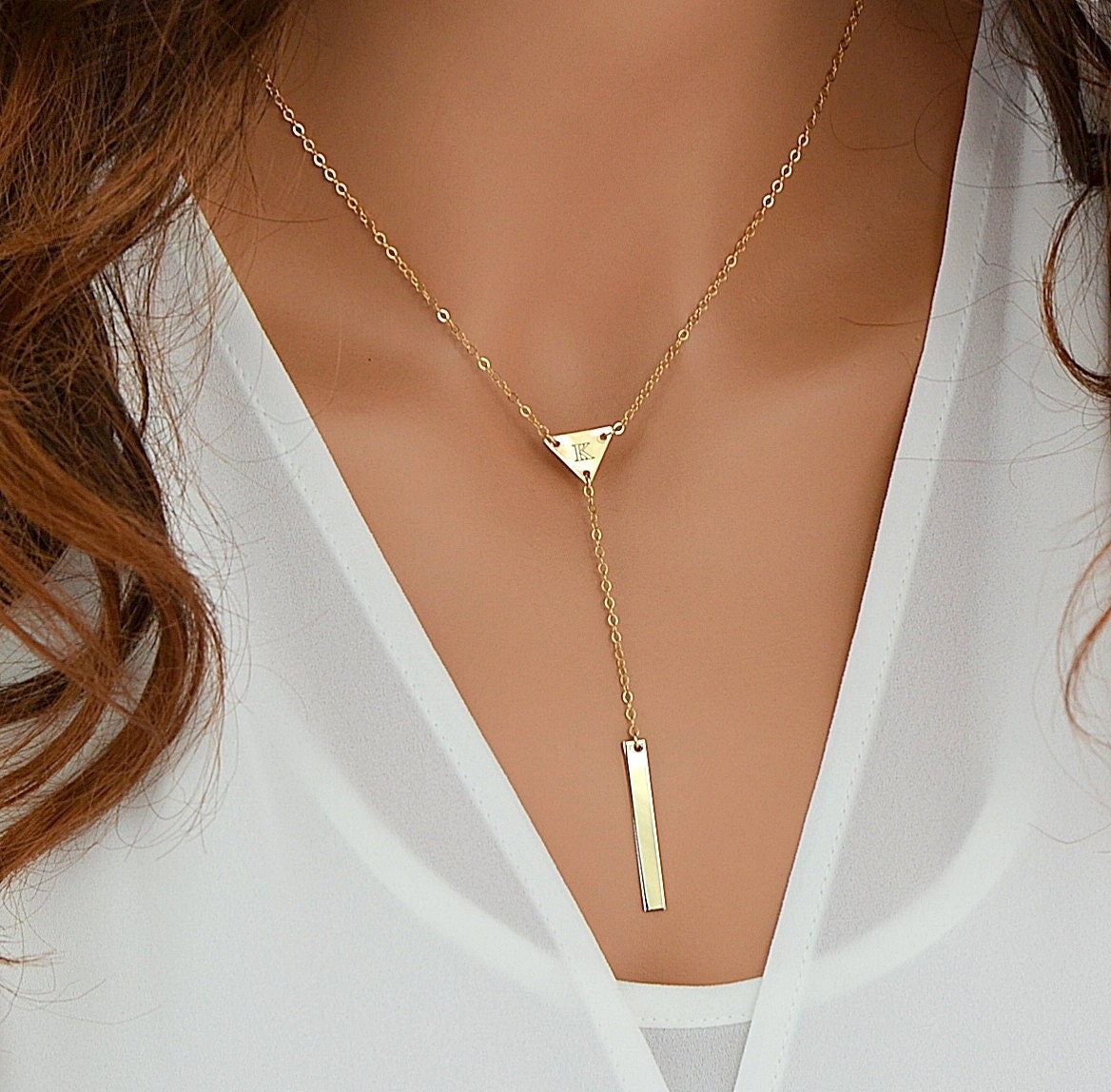 Personalized Y Necklace Triangle Bar Drop Necklace 14k Gold 2871