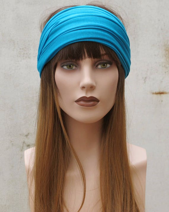 azure blue long head scarf stretch jersey head wrap self tie