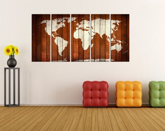 rustic world map wall art print canvas, extra large wall art, world map wall decor, wood texture world map ready to hang No:6S66