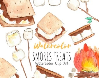 Smores Clip Art, Camping Clip Art. Watercolor hand drawn clip art set for Commercial Use