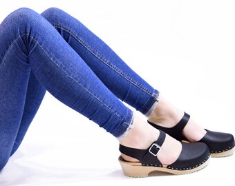 Swedish Clogs Low Wood Black Leather by Lotta from Stockholm / Wooden Clogs / Sandals / Low Heel / Mary Jane Shoes