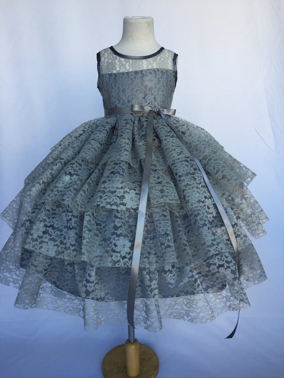 Charcoal Lace Ruffle Flower Girl Dress Wedding Bridesmaid