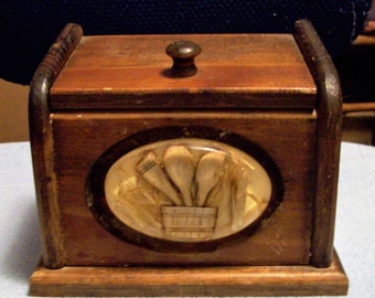 Vintage Recipe/Card File Wooden Box with Resin Design from 1960's Country Kitchen Heavy Wood with lift up lid